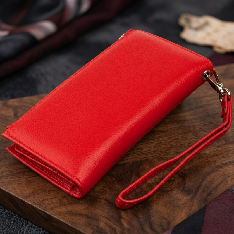 Оригінальний гаманець шкіряний жіночий на хлястику з кнопкою ST Leather Червоний