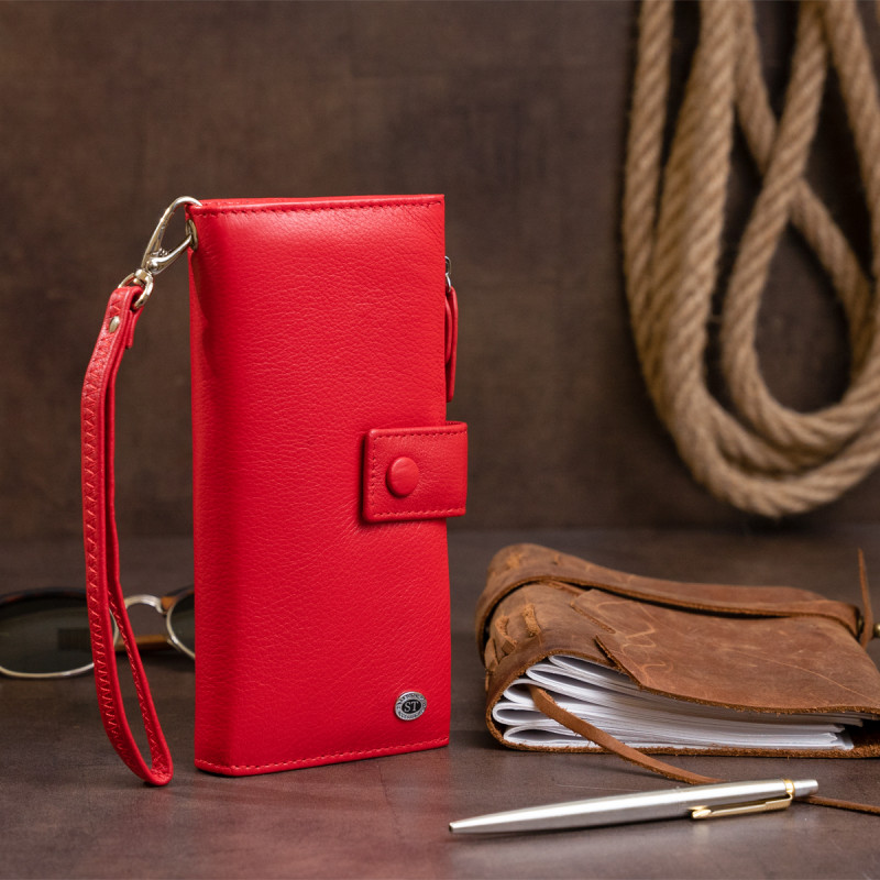 Оригинальный кошелек кожаный женский на хлястике с кнопкой ST Leather Красный