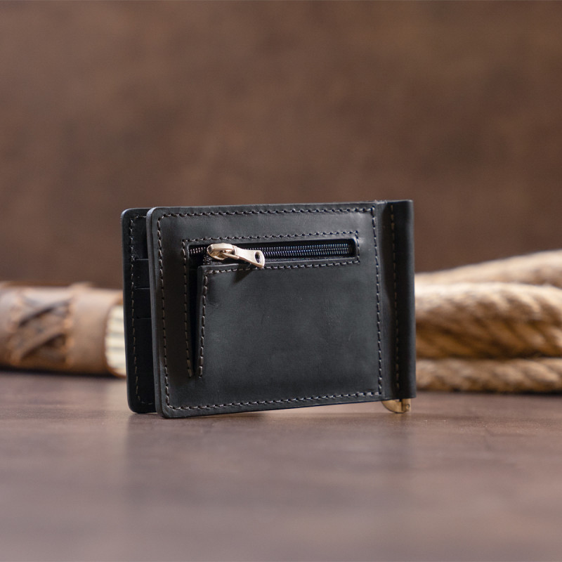 Стильне портмоне з затискачем для грошей без застібки вінтажний GRANDE PELLE Чорне