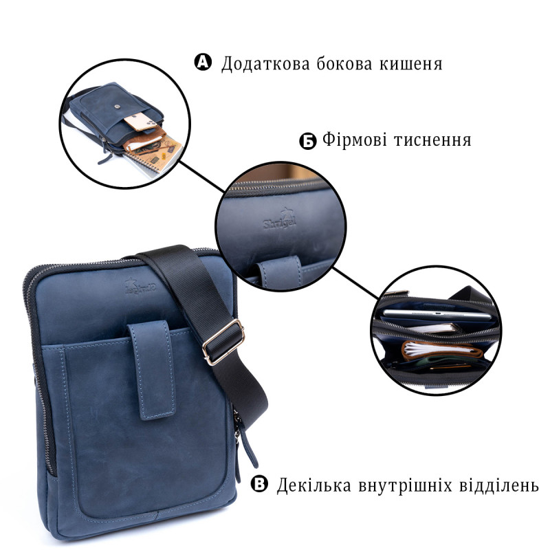 Сумка мужская планшет на два отделения винтажная кожаная SHVIGEL Синяя