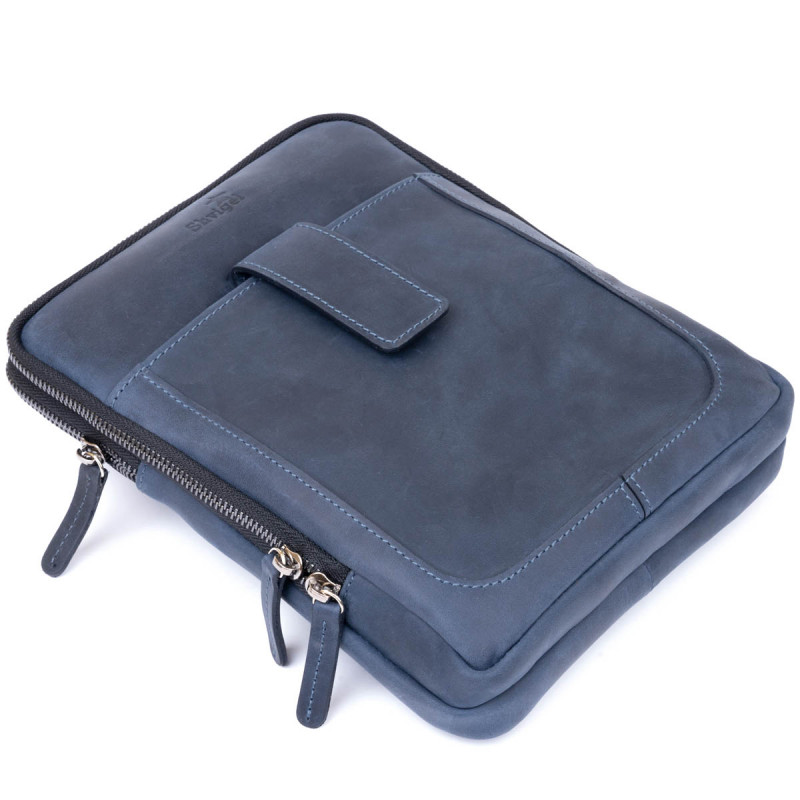 Сумка мужская планшет на два отделения винтажная кожаная SHVIGEL Синяя