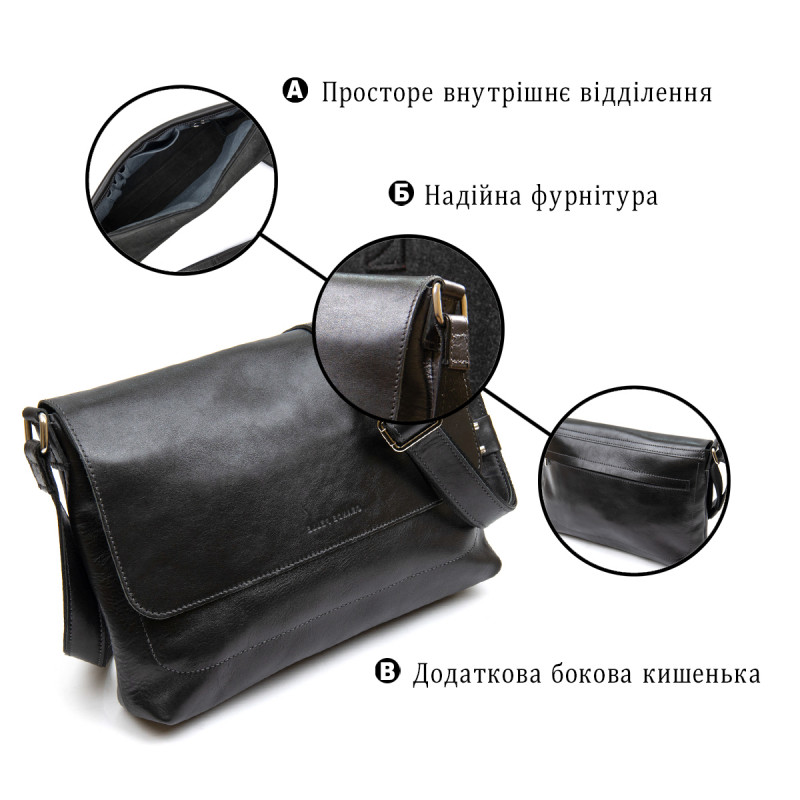 Кожаная мужская прямоугольная сумка GRANDE PELLE Черный