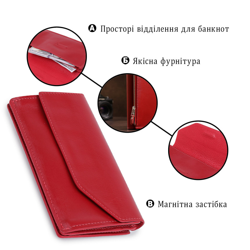 Кожаное вместительно женское портмоне GRANDE PELLE Красный