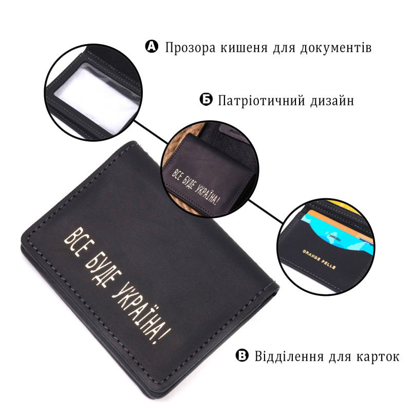 Вместительная обложка на автодокументы в винтажной коже Украина GRANDE PELLE Черная