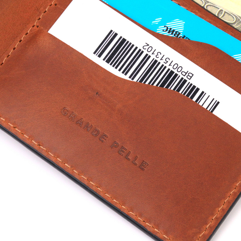 Надежный мужской кожаный кошелек в два сложения Украина GRANDE PELLE Светло-коричневый