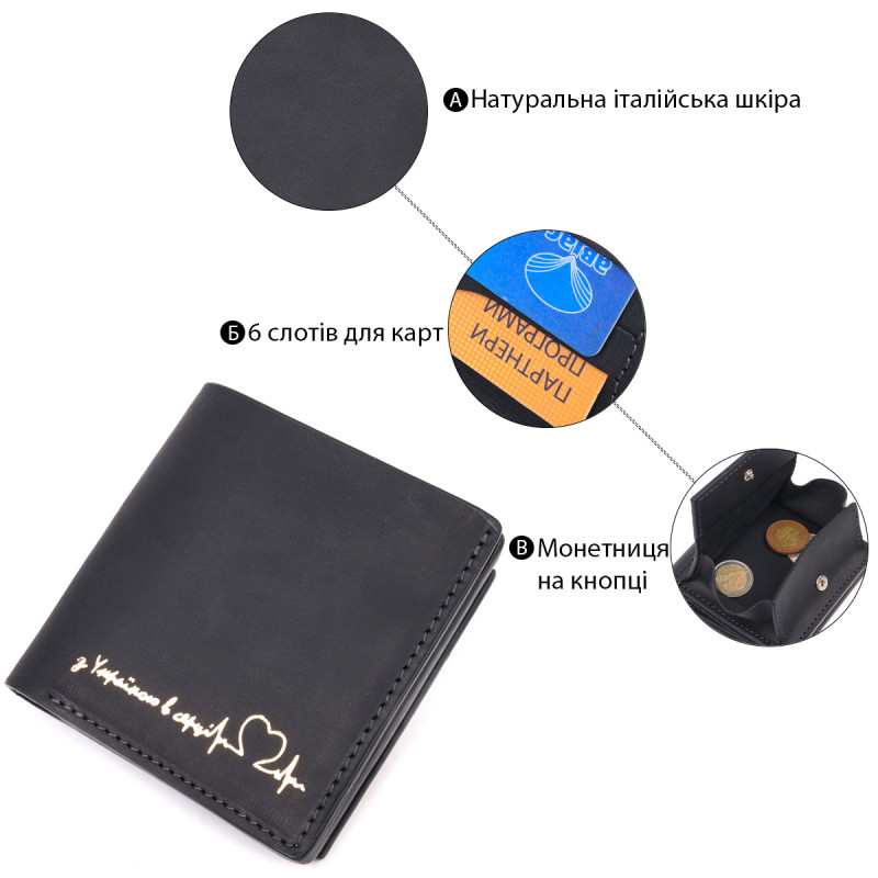 Мужской кожаный кошелек с монетницей Сердце GRANDE PELLE Черный