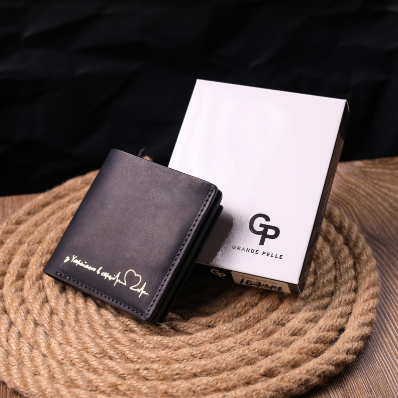 Мужской кожаный кошелек с монетницей Сердце GRANDE PELLE Черный