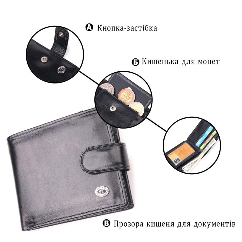 Надійний чоловічий гаманець із натуральної гладкої шкіри ST Leather Чорний