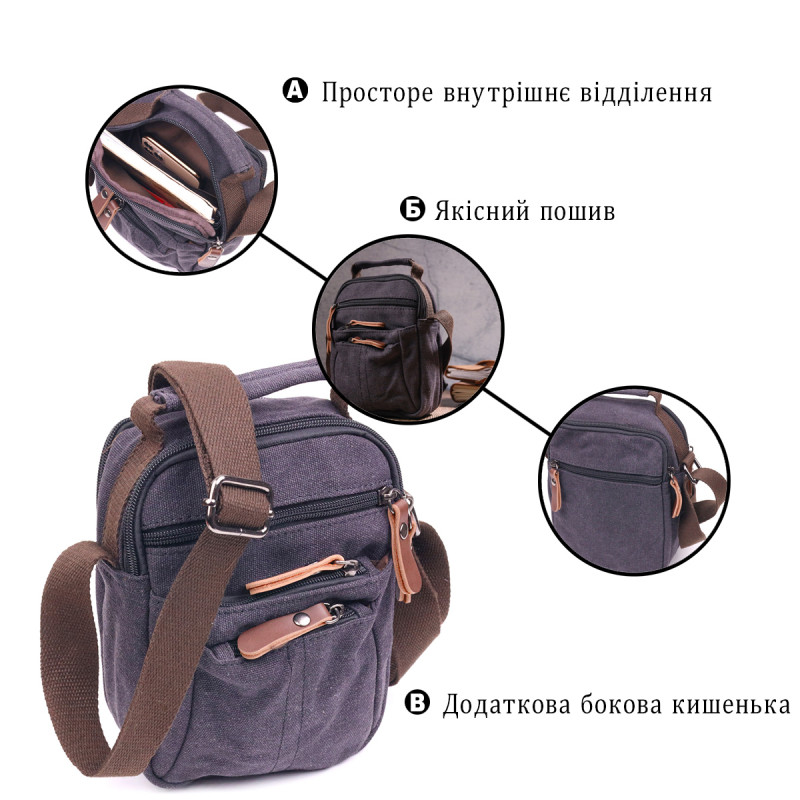 Небольшая мужская сумка из плотного текстиля Vintage Черная