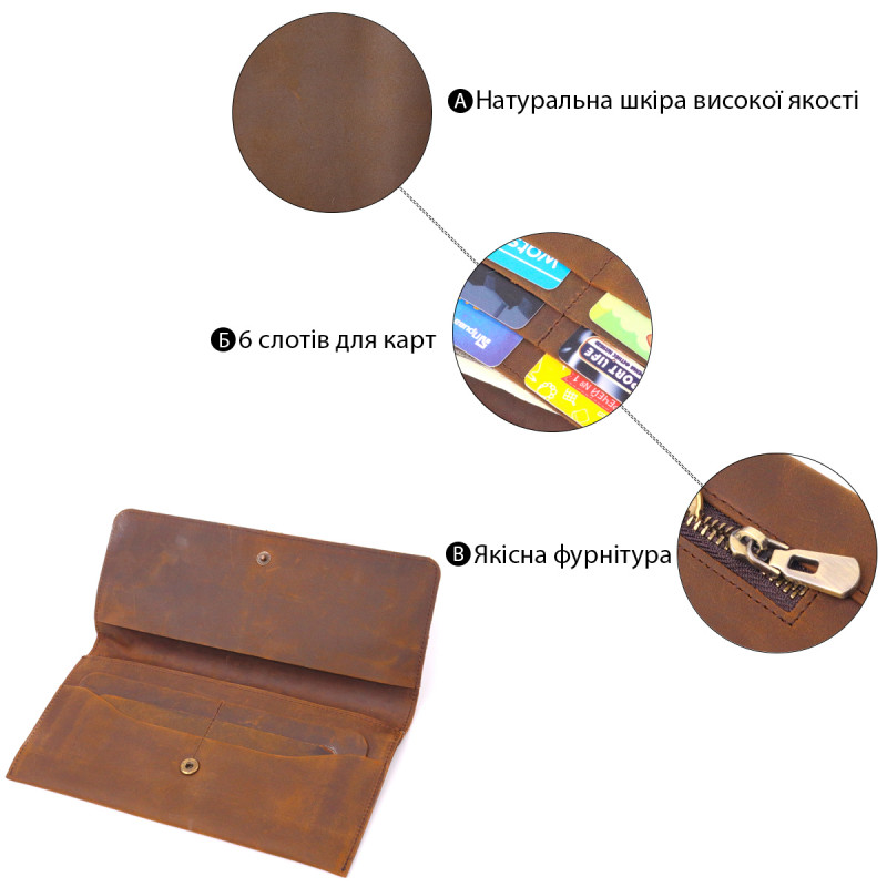 Тонкий мужской бумажник из натуральной винтажной кожи Vintage Коричневый