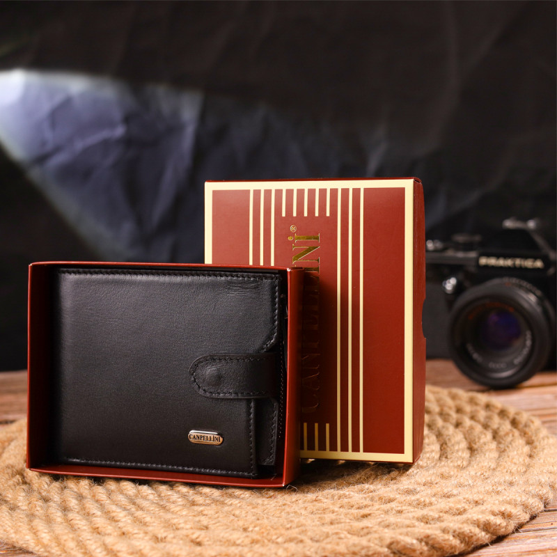 Стильный мужской горизонтальный кошелек из натуральной гладкой кожи CANPELLINI Черный