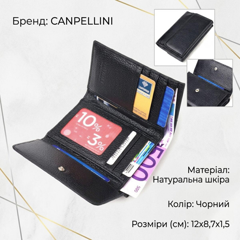 Класичний жіночий гаманець із натуральної шкіри флотар CANPELLINI Чорний