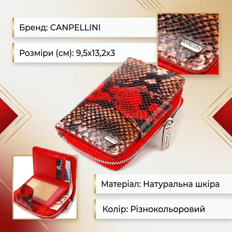 Стильне портмоне для жінок з монетницею на блискавці з натуральної фактурної шкіри CANPELLINI Різнокольорове