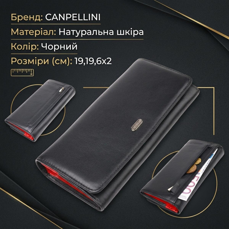 Місткий гаманець для жінок з натуральної гладкої шкіри CANPELLINI Чорний