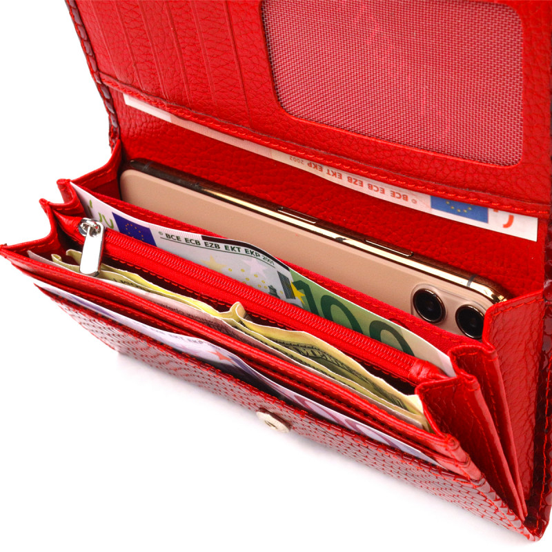 Превосходный женский кошелек из натуральной лакированной кожи с тиснением под змею CANPELLINI Красный