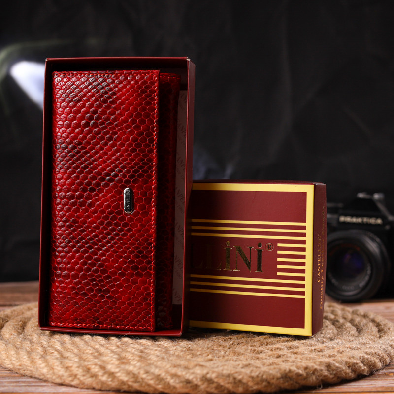 Превосходный женский кошелек из натуральной лакированной кожи с тиснением под змею CANPELLINI Красный