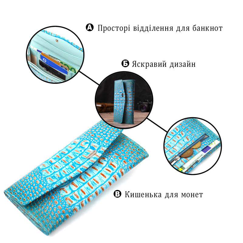 Превосходное портмоне для женщин из натуральной кожи с тиснением под крокодила CANPELLINI Голубое