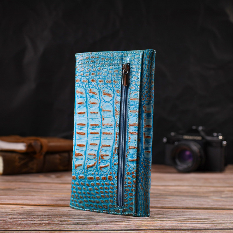Превосходное портмоне для женщин из натуральной кожи с тиснением под крокодила CANPELLINI Голубое
