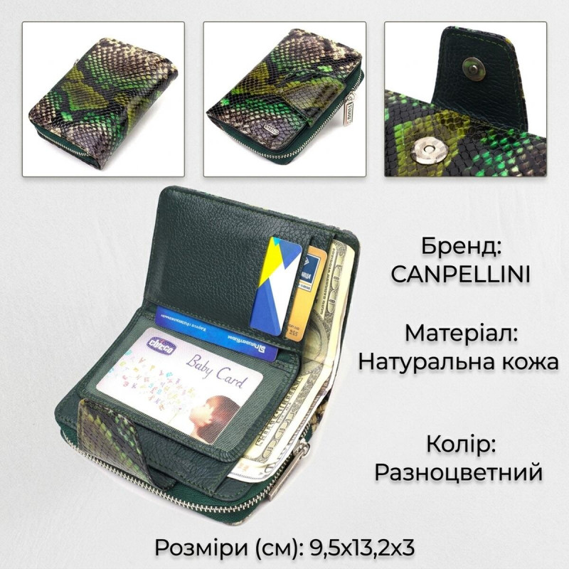 Жіноче фактурне вертикальне портмоне з монетницею на блискавці з натуральної шкіри з тисненням під змію CANPELLINI Різнокольорове