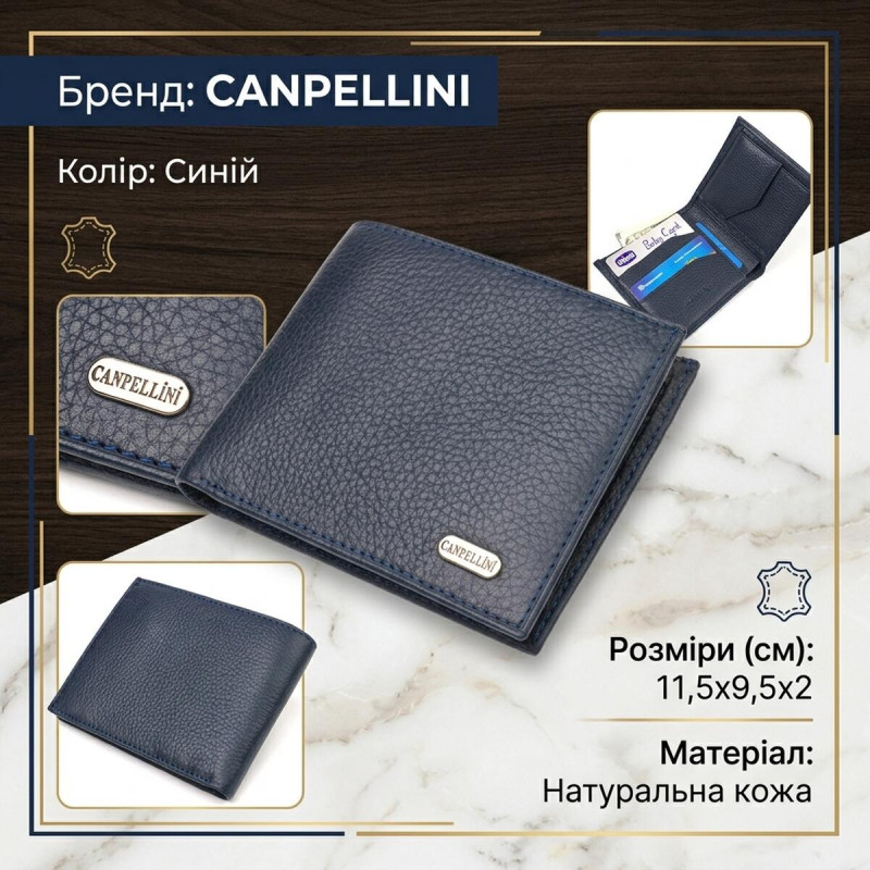 Горизонтальное мужское портмоне из натуральной зернистой кожи CANPELLINI Синее
