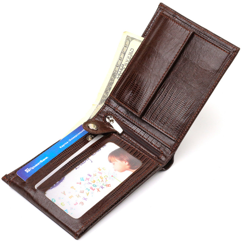 Стильный горизонтальный мужской бумажник среднего размера из натуральной фактурной кожи CANPELLINI Коричневый