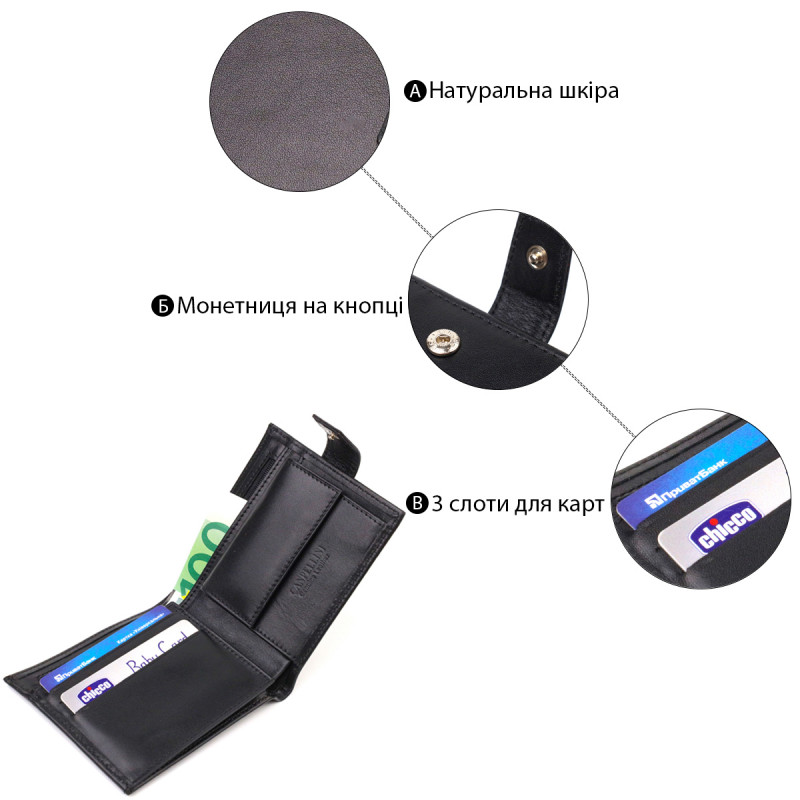 Стильный мужской кошелек из натуральной гладкой кожи CANPELLINI Черный