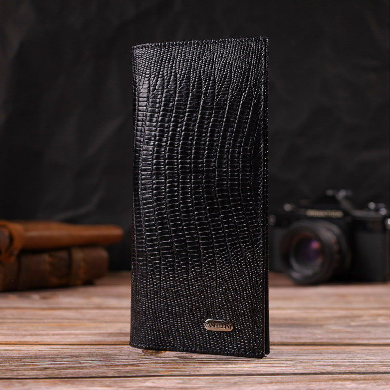 Фактурный мужской вертикальный бумажник из натуральной кожи с тиснением CANPELLINI Черный