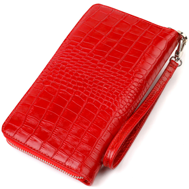 Функціональний клатч для жінок з натуральної шкіри з тисненням під крокодила CANPELLINI Червоний
