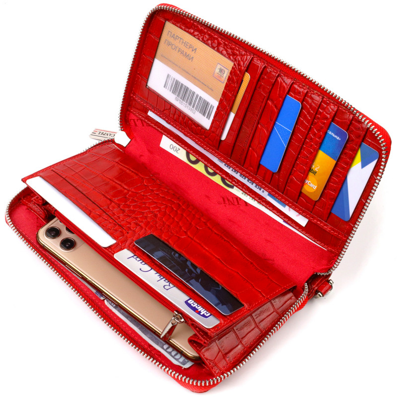 Функціональний клатч для жінок з натуральної шкіри з тисненням під крокодила CANPELLINI Червоний