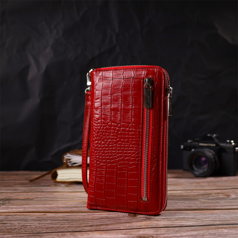 Функціональний клатч для жінок з натуральної шкіри з тисненням під крокодила CANPELLINI Червоний