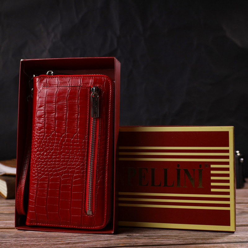 Функціональний клатч для жінок з натуральної шкіри з тисненням під крокодила CANPELLINI Червоний