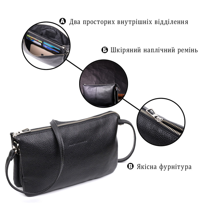 Удобный женский клатч из натуральной зернистой кожи GRANDE PELLE Черный
