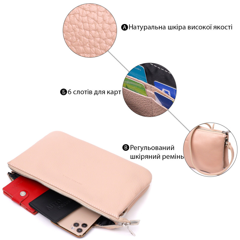 Чарівний жіночий клатч із натуральної зернистої шкіри GRANDE PELLE Пудровий