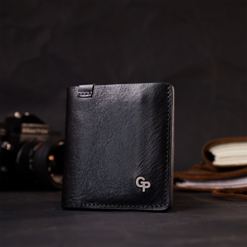 Стильне портмоне з накладною монетницею з натуральної шкіри GRANDE PELLE Чорний