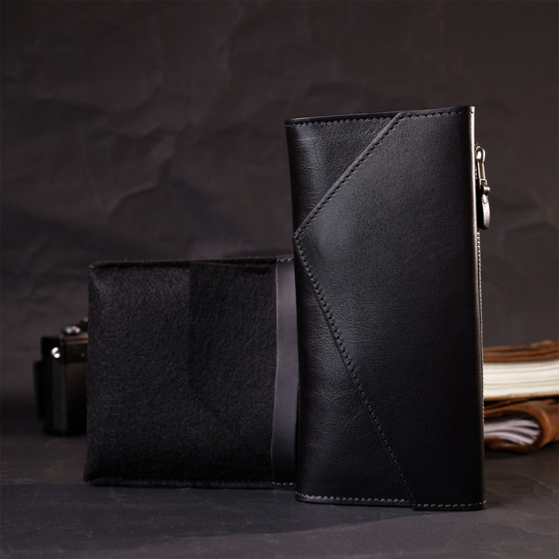 Стильний гаманець із монетницею зовні з натуральної шкіри GRANDE PELLE Чорний