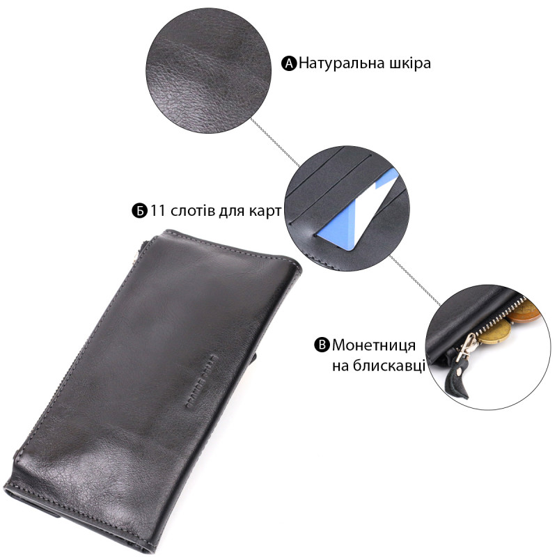 Стильний гаманець із монетницею зовні з натуральної шкіри GRANDE PELLE Чорний