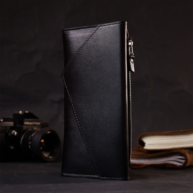 Стильний гаманець із монетницею зовні з натуральної шкіри GRANDE PELLE Чорний