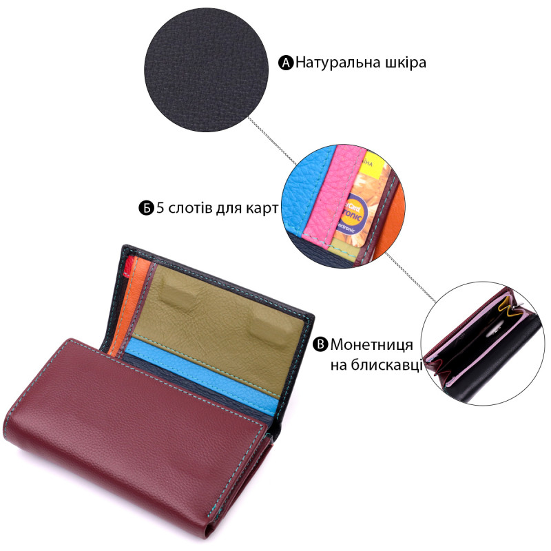 Вместительный кожаный кошелек в три сложения для женщин ST Leather Разноцветный