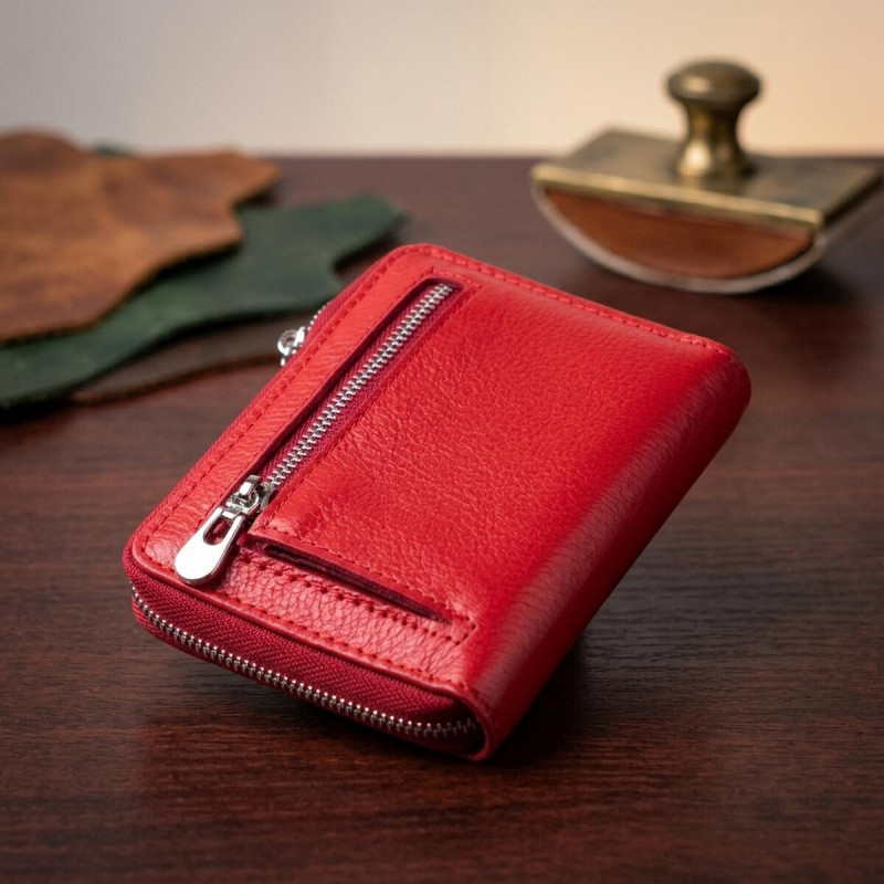 Кожаный женский кошелек на молнии с металлическим логотипом производителя ST Leather Красный