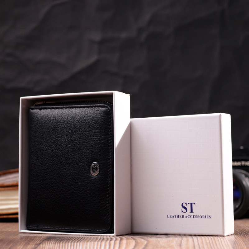 Портмоне для женщин на молнии в классическом цвете из натуральной кожи ST Leather Черный