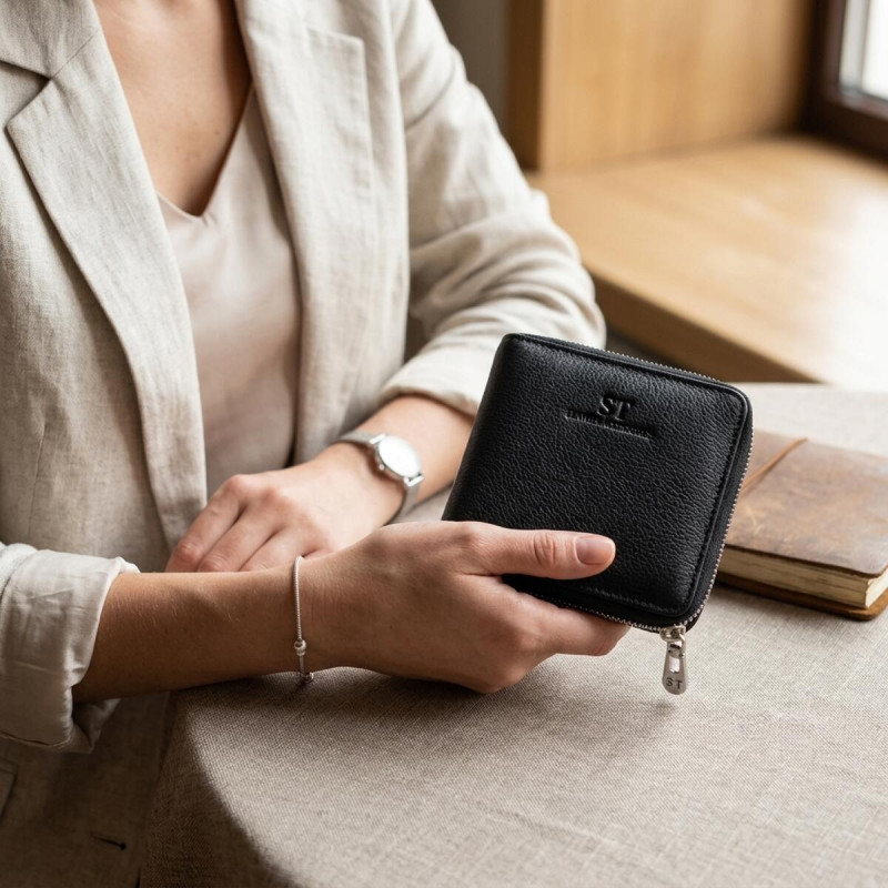 Кожаный кошелек для женщин на молнии с тисненым логотипом производителя ST Leather Черный