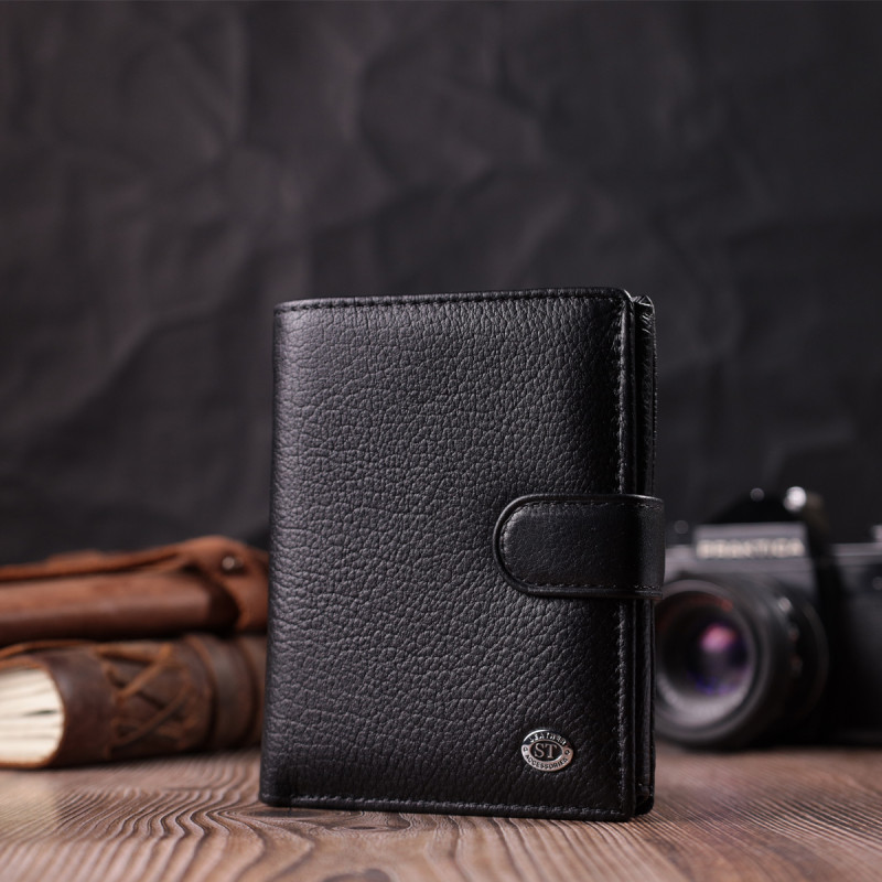 Солидный мужской бумажник из натуральной кожи ST Leather Черный