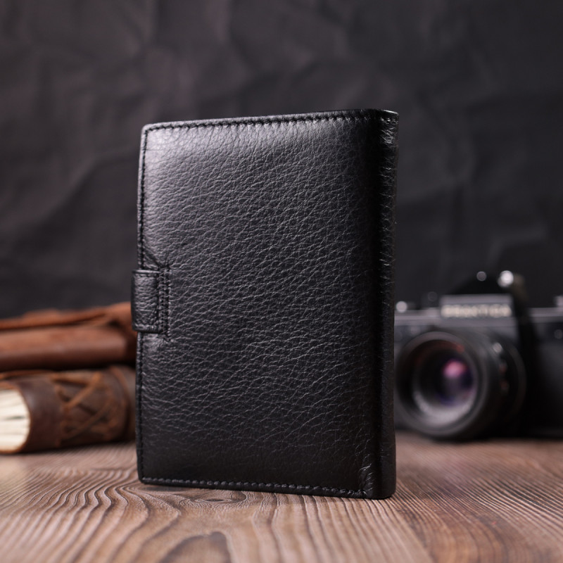 Практичный мужской бумажник с блоком под документы из натуральной кожи ST Leather Черный