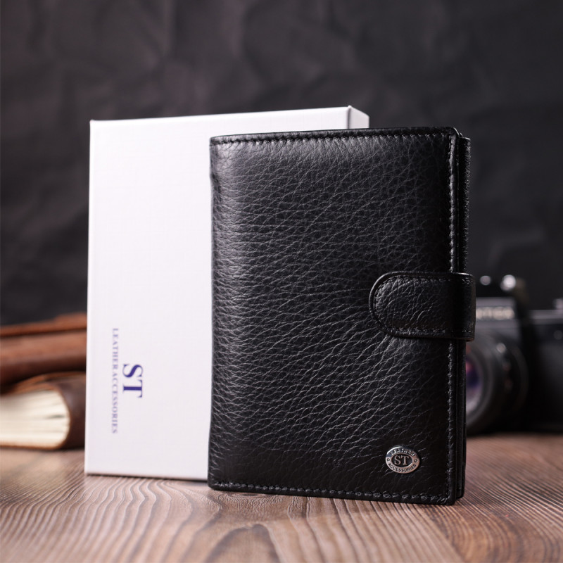 Практичный мужской бумажник с блоком под документы из натуральной кожи ST Leather Черный