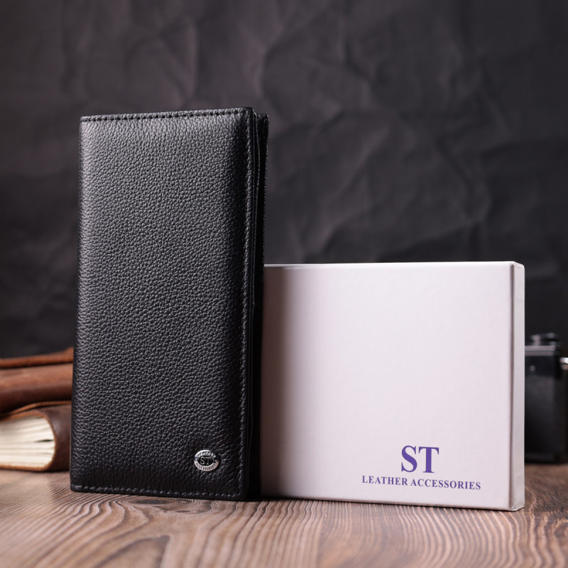 Женский вертикальный кошелек на магнитах из натуральной кожи ST Leather Черный