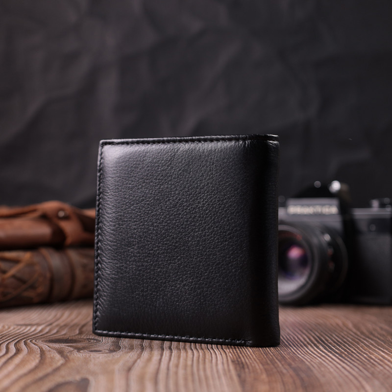 Компактный женский кошелек с монетницей снаружи из натуральной кожи ST Leather Черный