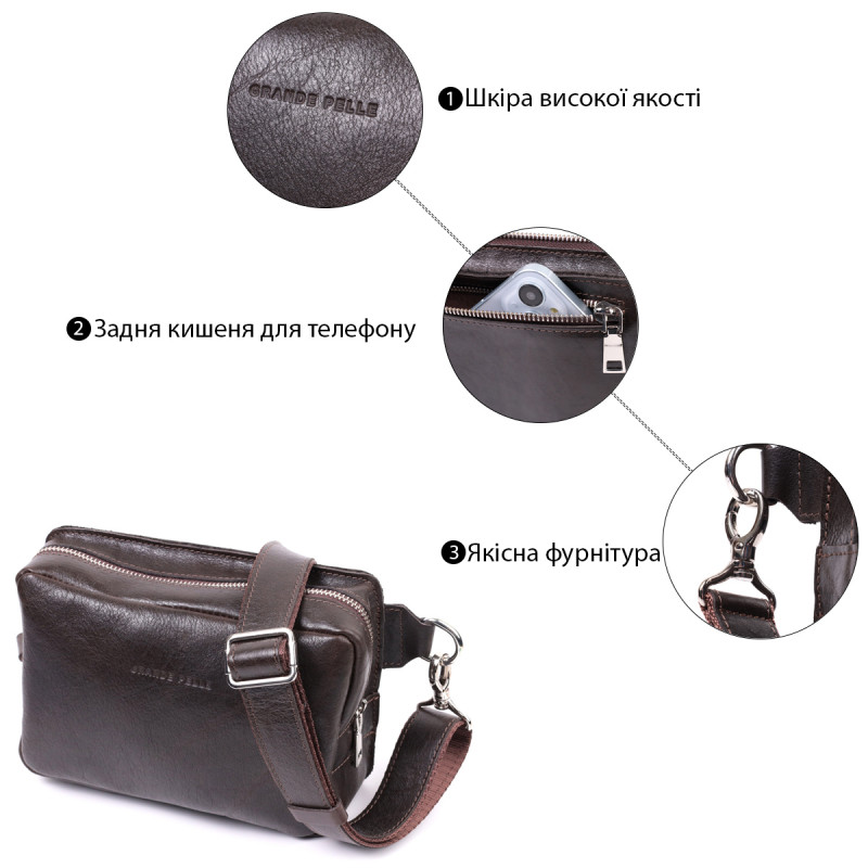 Прямокутна сумка бананка з якісної натуральної шкіри GRANDE PELLE Коричневий