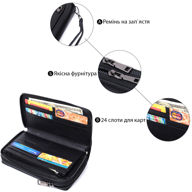 Чоловічий шкіряний клатч для карток купюр та документів ST Leather Чорний