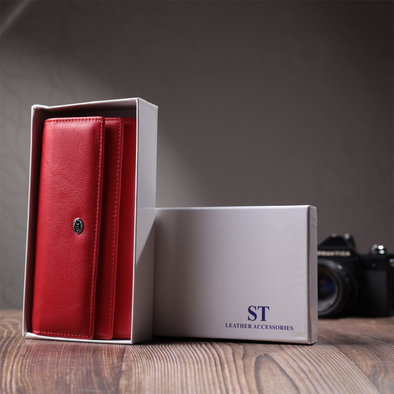 Вместительный женский кошелек с двумя клапанами из натуральной кожи ST Leather Красный