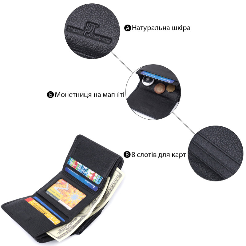 Красивое женское портмоне с монетницей из натуральной кожи ST Leather Черный